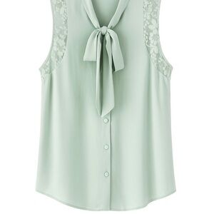 Mint Green Sleeveless Blouse with Lace Detail and Bow Tie Neck | Size S